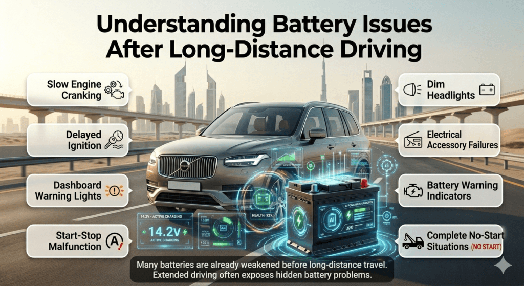 Understanding Battery Issues After Long-Distance Driving Dubai – Common Warning Signs Infographic explaining battery issues after long-distance driving in Dubai, showing common symptoms including slow engine cranking, warning lights, dim headlights, start-stop malfunction, and complete no-start conditions.