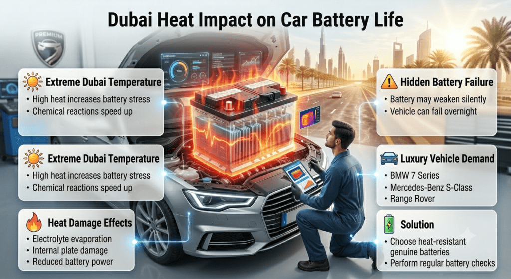 Dubai Heat Impact on Car Battery Life β Battery Protection Guide Dubai heat impact on car battery life showing battery damage from high temperatures, electrolyte loss, reduced capacity, and luxury vehicle battery requirements.