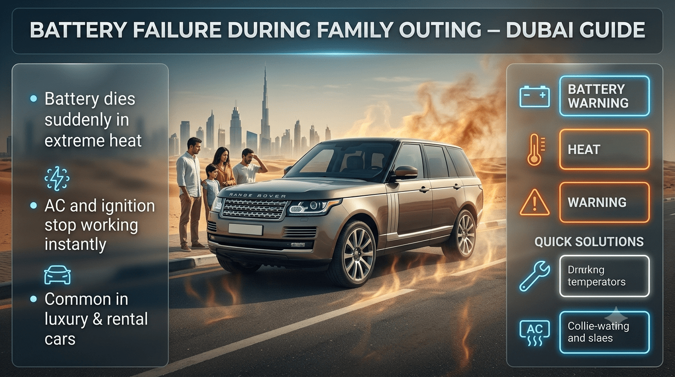 Luxury SUV breakdown in Dubai during family outing due to battery failure, with heat wave background, emergency roadside assistance theme, and infographic-style service information panels.