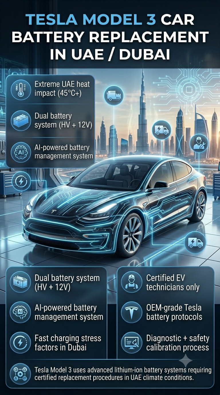 Futuristic infographic showing Tesla Model 3 car with battery replacement information in UAE Dubai, highlighting heat impact, dual battery system, and EV service guidelines.