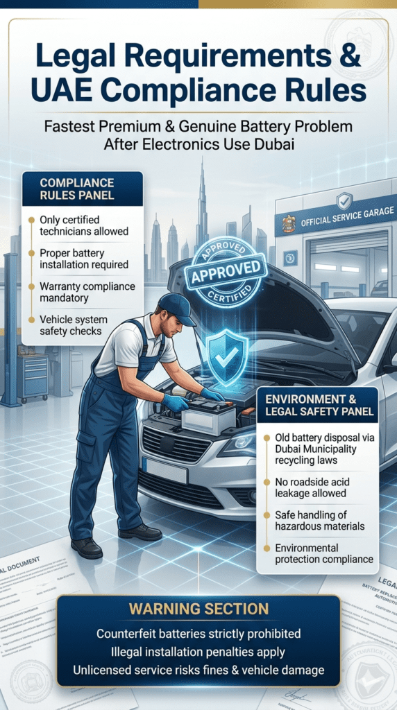 Legal Requirements & UAE Compliance Rules – Fastest Premium & Genuine Battery Problem After Electronics Use Dubai Professional automotive compliance infographic showing certified technician installing a car battery with legal shield icons, Dubai skyline background, and structured panels listing UAE battery safety and disposal regulations.