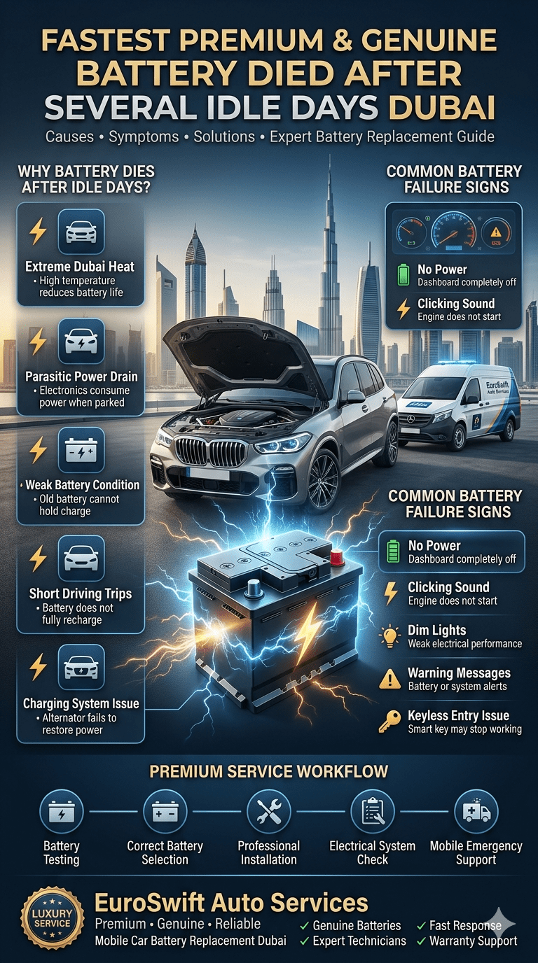 Fastest premium and genuine car battery replacement Dubai guide showing causes of battery failure after several idle days, symptoms, and professional battery service solution.