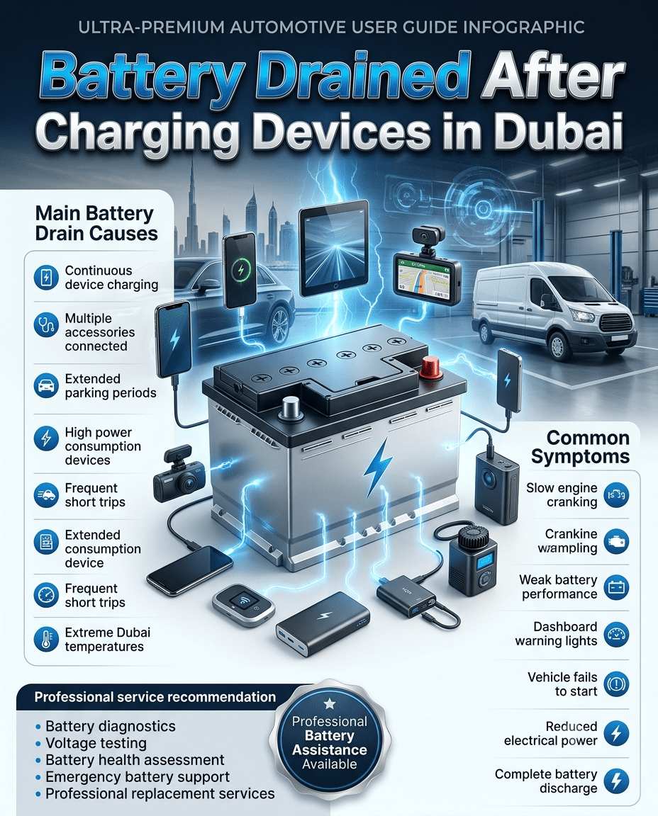 Professional user guide infographic showing a vehicle battery drained after charging electronic devices in Dubai, featuring a modern car battery at the center with smartphone, GPS, dash cam, tablet, power bank, and charging accessories around it. Side panels display key battery drainage causes and warning signs in a premium automotive service design.