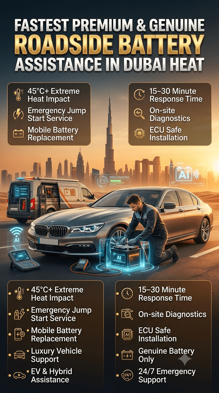 Luxury roadside battery assistance infographic showing a technician replacing a car battery in Dubai heat with emergency service points displayed on both sides and Dubai skyline in background.