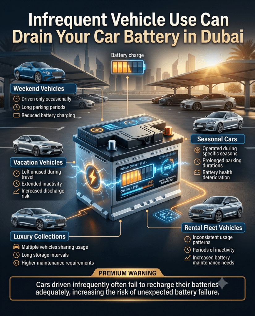 Professional automotive infographic showing how infrequent vehicle use in Dubai leads to battery discharge, featuring weekend cars, vacation vehicles, luxury collections, seasonal vehicles, and rental fleet vehicles around a premium car battery.