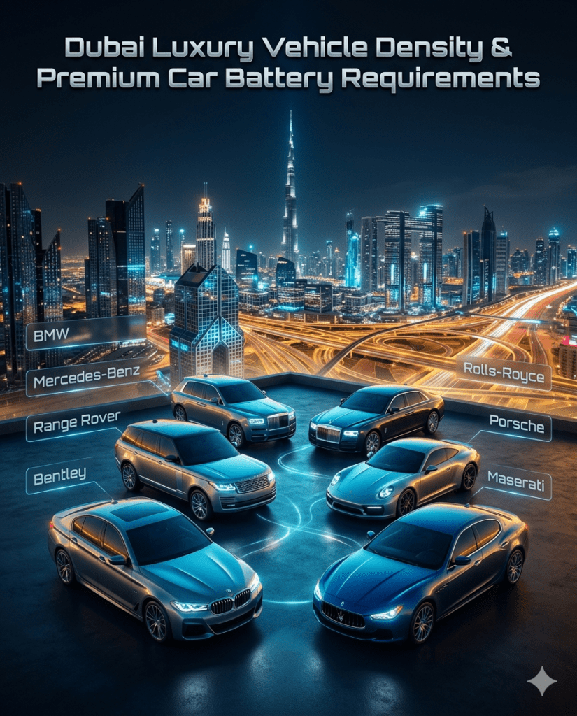 Dubai Luxury Vehicle Density & Premium Car Battery Requirements Luxury vehicles in Dubai including BMW, Mercedes-Benz, Rolls-Royce, Porsche, and others representing high-end automotive battery system requirements.