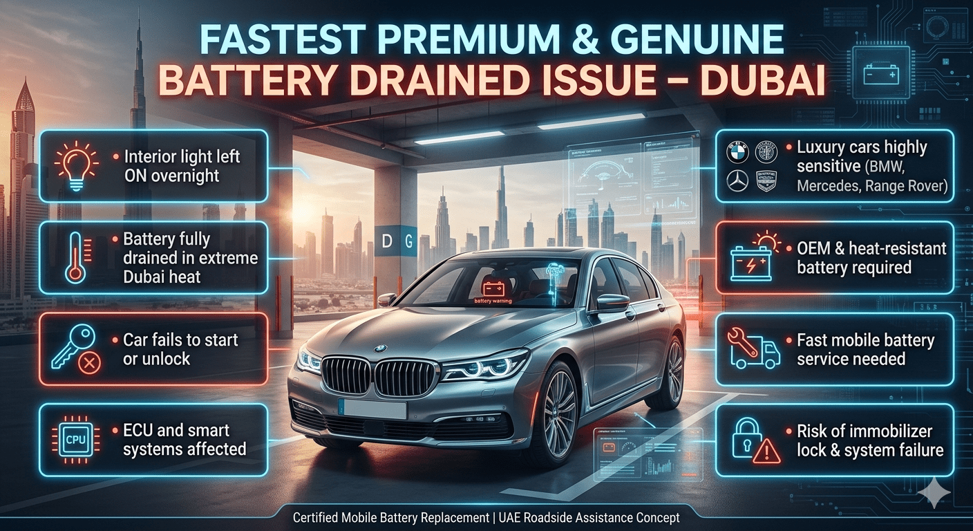 Luxury car battery drained in Dubai due to interior light left on, showing emergency roadside battery failure infographic with warning indicators and service solutions.