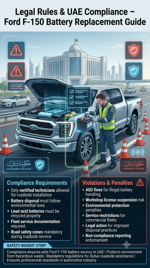 Legal Rules & UAE Compliance – Ford F-150 Battery Replacement UAE Ford F-150 roadside battery replacement compliance infographic showing certified technician rules, safety cones, disposal regulations, and legal penalties in UAE automotive service environment.