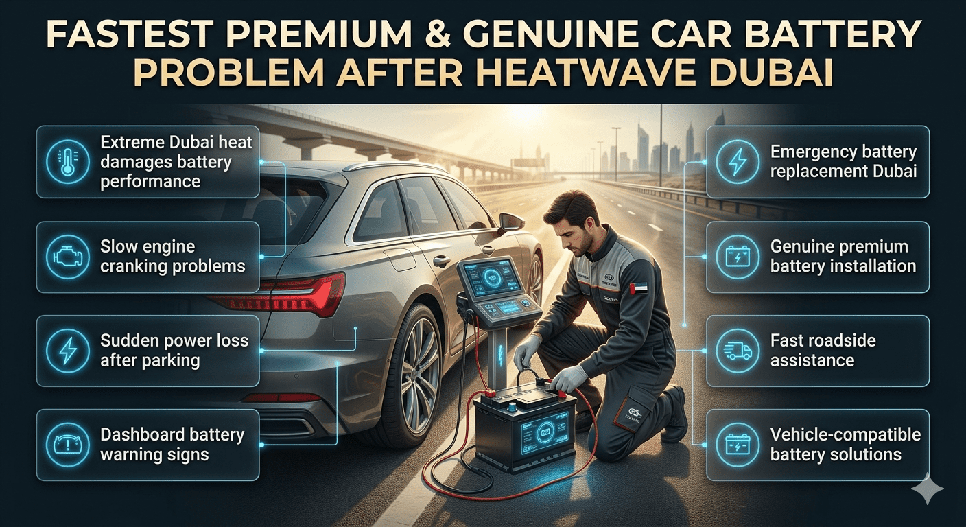 Professional car battery replacement service in Dubai after heatwave showing technician checking premium vehicle battery and emergency roadside assistance solution