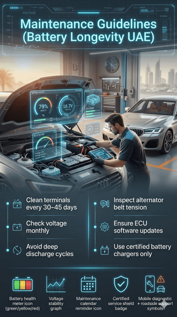 Premium Dubai automotive maintenance infographic showing battery care guidelines including terminal cleaning, voltage checks, alternator inspection, ECU updates, and use of certified chargers for extending battery life.