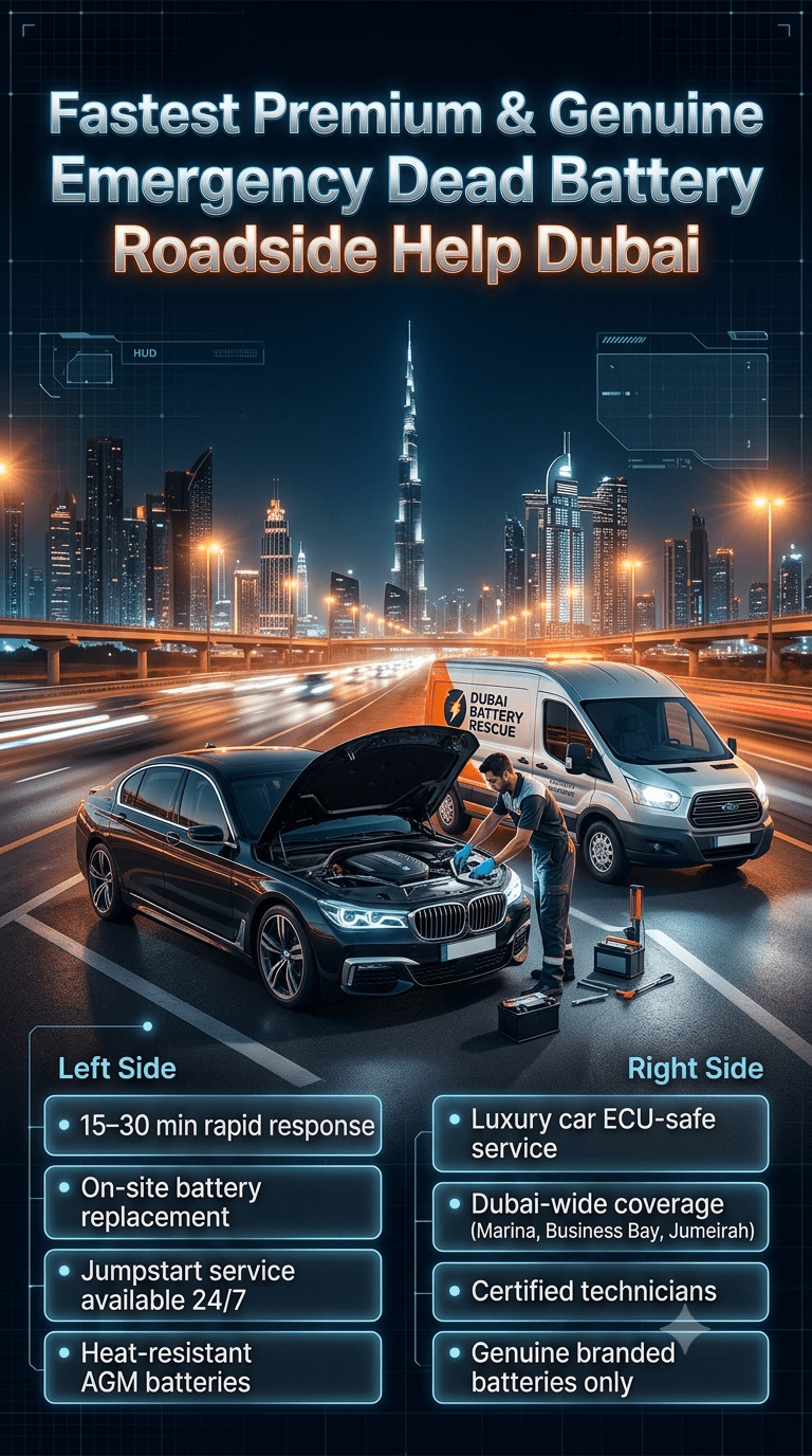 Luxury roadside assistance technician performing emergency dead battery replacement on a BMW in Dubai with skyline background and infographic service points.