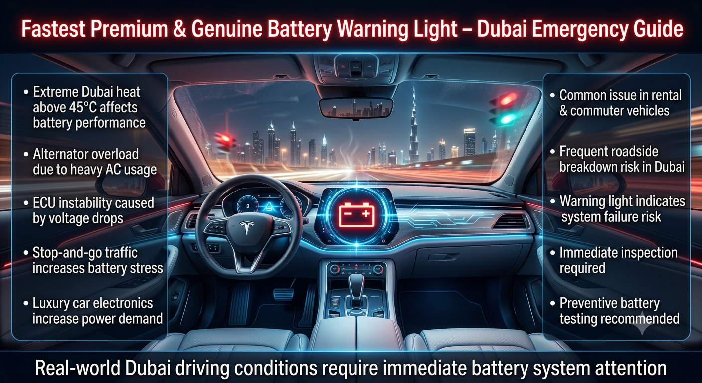 Luxury car dashboard displaying glowing battery warning light in extreme Dubai heat conditions with futuristic infographic panels explaining battery stress, alternator overload, ECU issues, and roadside emergency risks.