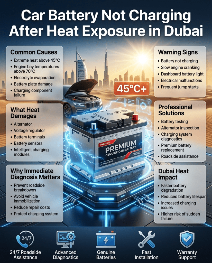 Professional automotive infographic showing a premium car battery affected by extreme Dubai heat, with key causes, symptoms, diagnostic steps, and battery charging solutions displayed around a central branded battery image.