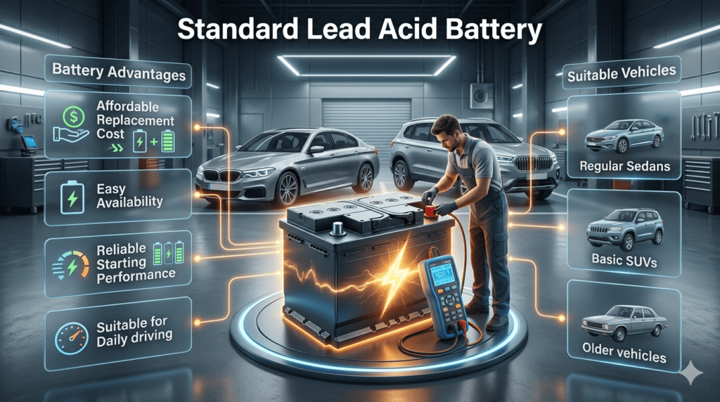 Standard lead acid car battery guide showing advantages, reliable starting performance, affordable replacement, and suitable vehicles.