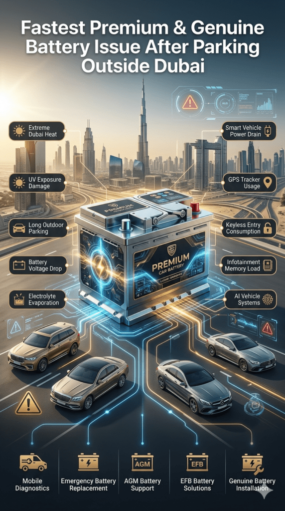 Premium car battery failure infographic showing the effects of Dubai heat, outdoor parking, battery discharge, and emergency battery replacement solutions in UAE.