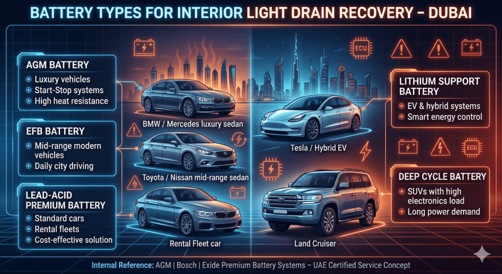 Types of Batteries Used in Interior Light Drain Recovery Cases in Dubai Infographic showing different car battery types used in Dubai for interior light drain recovery including AGM, EFB, lithium, lead-acid, and deep cycle batteries.