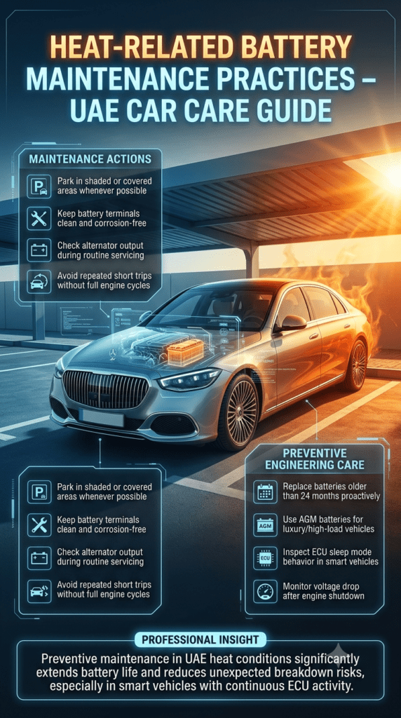 Heat-Related Car Battery Maintenance Practices – UAE Expert Guide Luxury car maintenance infographic showing heat-related battery protection practices in UAE including parking habits, ECU monitoring, and battery care tips.