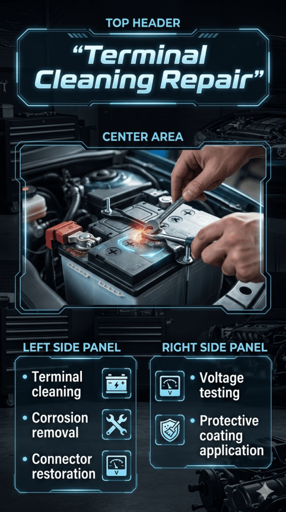 Terminal Cleaning Repair β Complete Battery Maintenance Guide Car battery terminal cleaning and repair infographic showing corrosion removal, connector restoration, voltage testing, and protective coating steps.