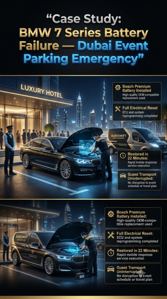 Luxury BMW 7 Series case study showing battery failure in Dubai event parking with mobile technician replacing Bosch battery and restoring vehicle quickly.