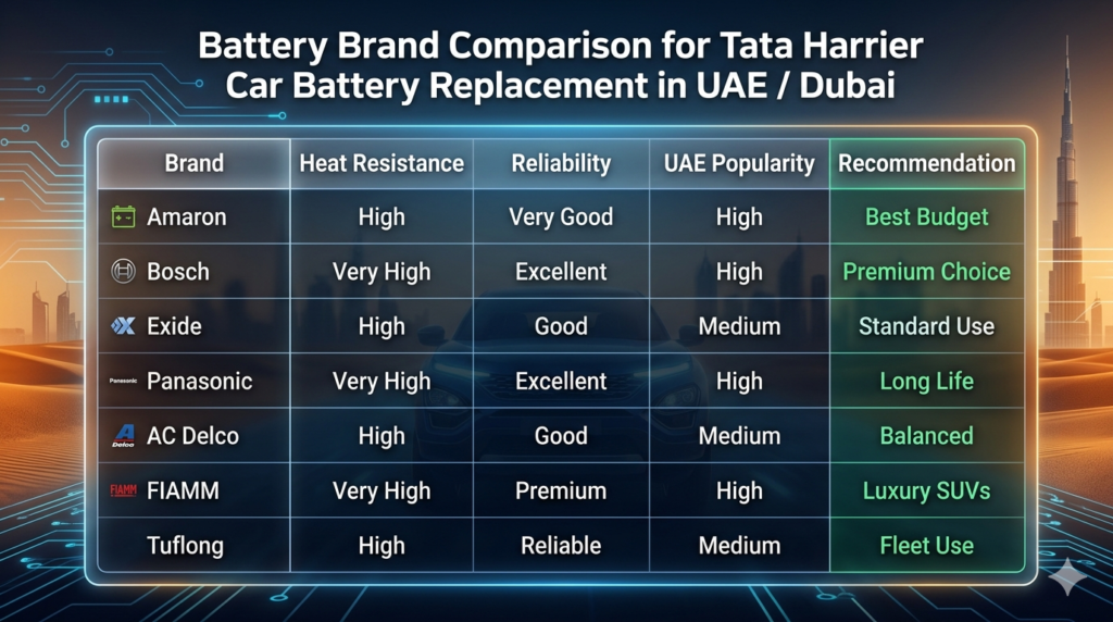Harrier Battery Brand Comparison Table – UAE / Dubai SUV Guide Futuristic automotive comparison table showing battery brands for Tata Harrier in UAE including Amaron, Bosch, Exide, Panasonic, AC Delco, FIAMM, and Tuflong with performance ratings.