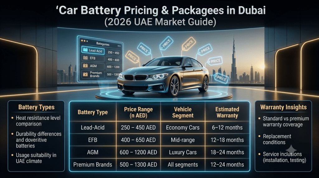 Car Battery Pricing & Packages in Dubai (2026 UAE Market Guide) Premium infographic showing car battery pricing in Dubai with categories like Lead-Acid, EFB, AGM, and Premium Brands along with price range, vehicle type, and warranty details.