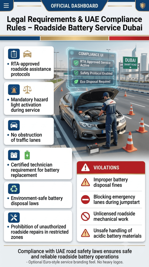 Legal Requirements & UAE Compliance Rules – Roadside Battery Service Dubai Professional infographic showing UAE legal requirements and violations for roadside car battery services in Dubai with technician, safety setup, and compliance UI overlays.