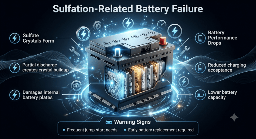 Sulfation-related battery failure showing sulfate crystal buildup inside a car battery with reduced charging ability, lower capacity, frequent jump-start issues, and early battery replacement warning signs.