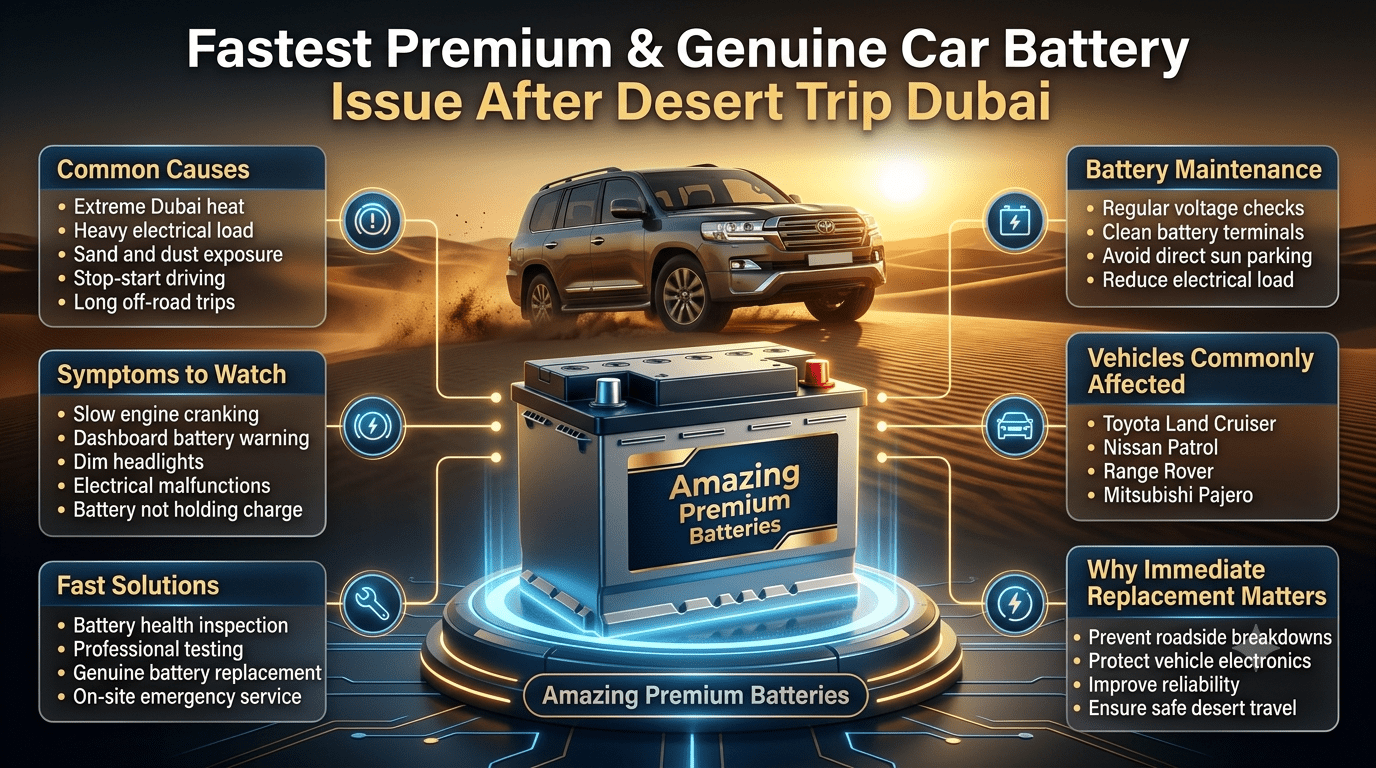 Professional automotive infographic explaining car battery issues after desert trips in Dubai, featuring a premium battery in the center, desert SUV background, and key points about causes, symptoms, solutions, maintenance, pricing, and battery replacement tips.
