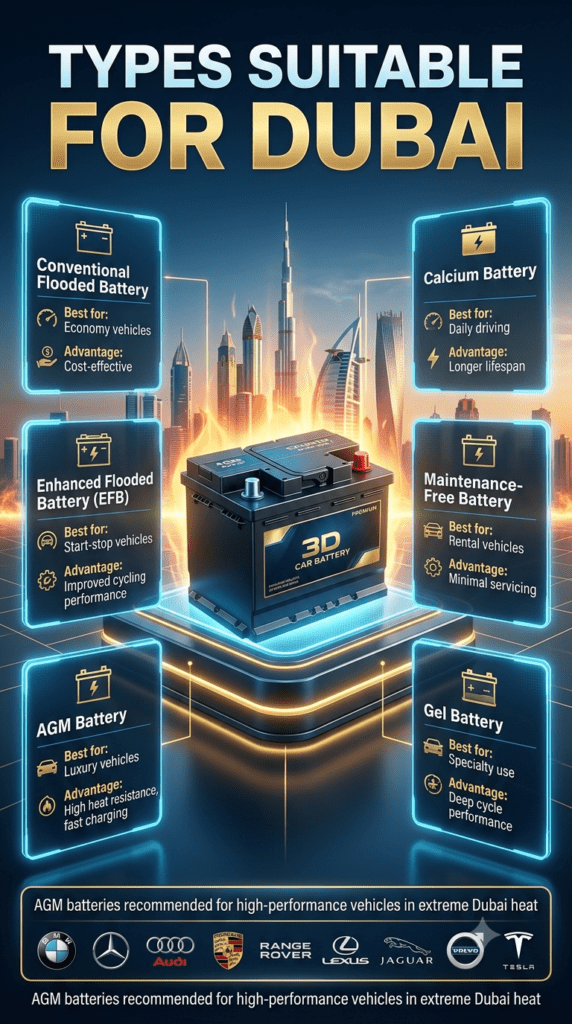 Infographic showing different types of car batteries suitable for Dubai climate, including AGM, EFB, calcium, gel, and flooded batteries with their uses and advantages.