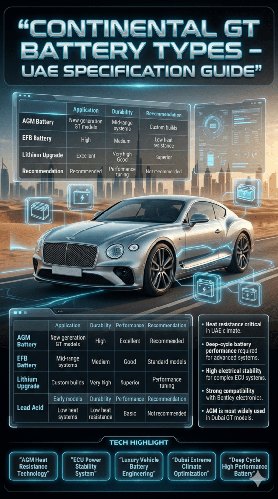 Luxury automotive infographic showing Continental GT battery types in UAE including AGM, EFB, Lithium, and Lead Acid with performance comparison in futuristic UI design.