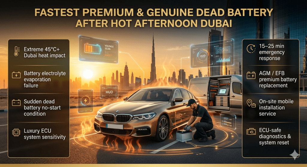 Luxury car battery replacement in Dubai heat with technician performing emergency roadside service under extreme summer conditions.