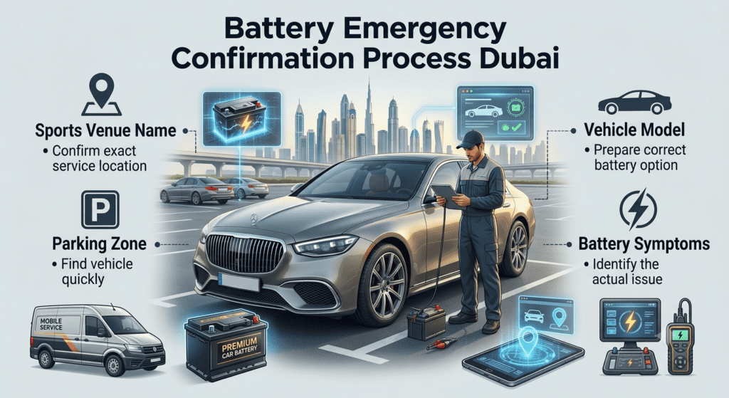 Battery emergency confirmation process in Dubai with technician checking sports venue location, vehicle model, and battery symptoms
