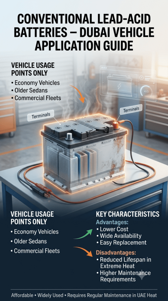 Conventional Lead-Acid Batteries in Dubai – Uses, Advantages & Disadvantages Guide Conventional lead-acid car battery infographic showing usage in economy vehicles, older sedans, and commercial fleets with advantages and disadvantages under Dubai heat conditions.