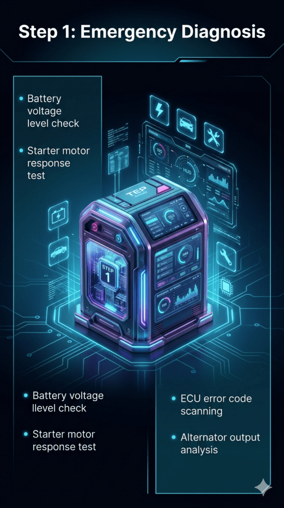 Futuristic automotive emergency diagnosis guide showing battery voltage, starter motor, ECU, and alternator checks with a central branded car diagnostic visual.