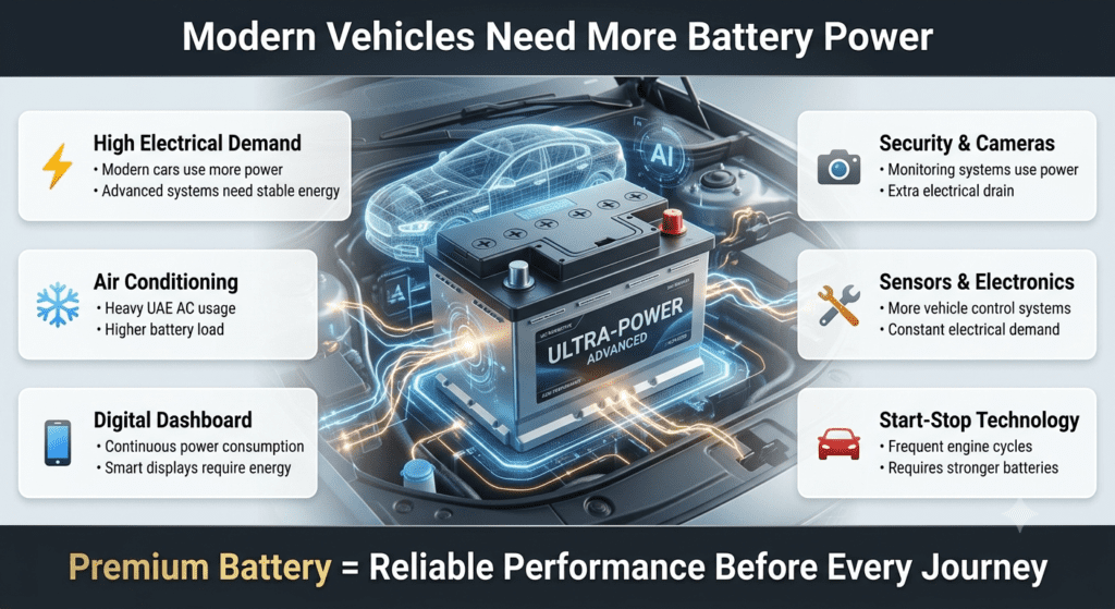 Modern Vehicle Electrical Load & Battery Performance Guide Modern vehicle electrical load guide showing battery impact from air conditioning, digital dashboard, cameras, sensors, entertainment systems, and start-stop technology.