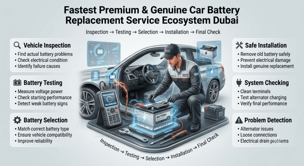 Car battery replacement service ecosystem Dubai showing vehicle inspection, battery testing, safe installation, and professional diagnostic process.