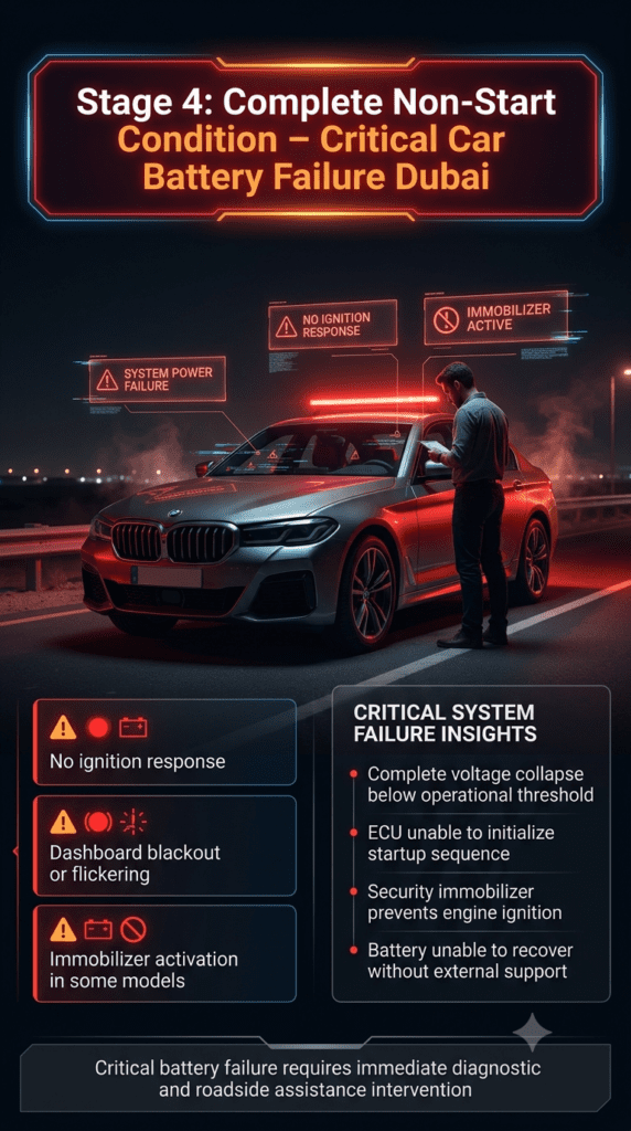 Stage 4: Complete Non-Start Condition – Critical Car Battery Failure Dubai Luxury car at night showing complete battery failure with dark dashboard, ignition failure, and immobilizer warning in Dubai roadside emergency condition.