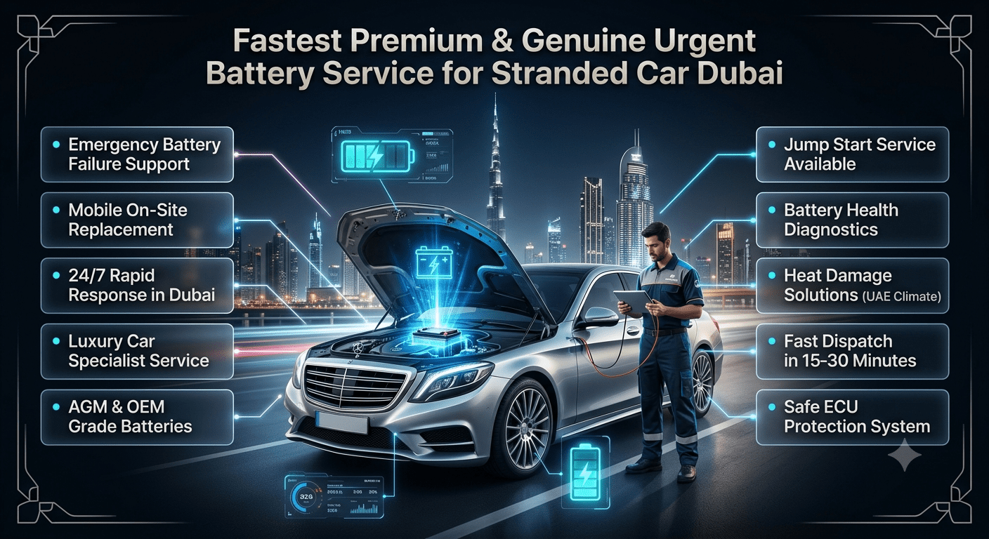 Premium infographic showing fastest urgent car battery service in Dubai with luxury car, technician, emergency roadside assistance, and service features listed on both sides in a modern tech-style layout.