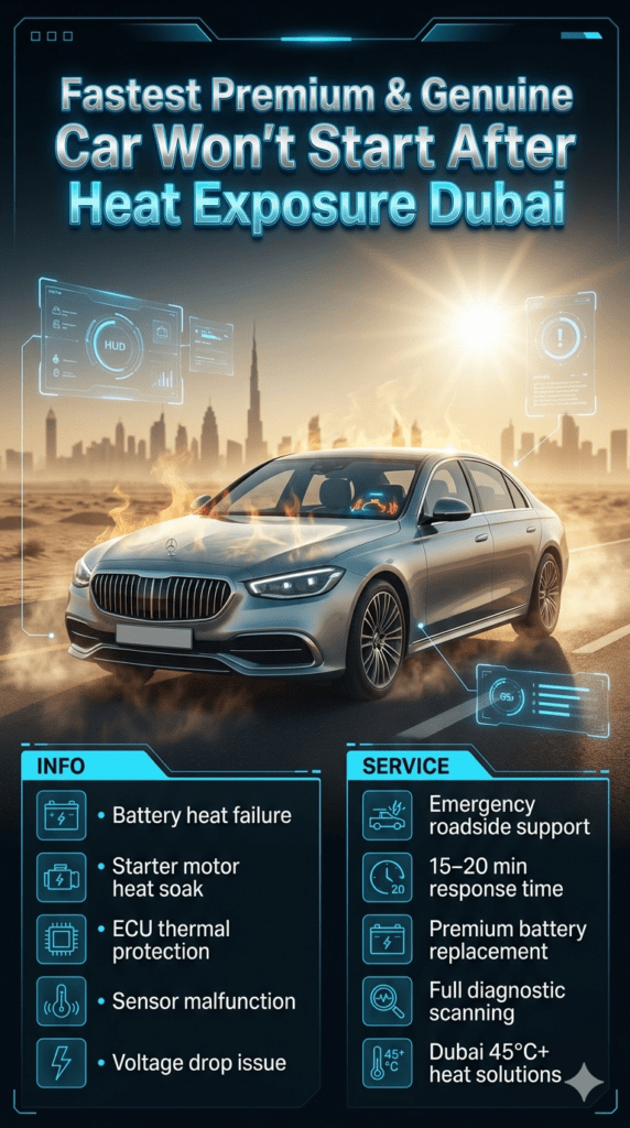 Premium infographic showing a luxury car unable to start after extreme heat exposure in Dubai, with battery failure, ECU issues, and roadside emergency service highlights.