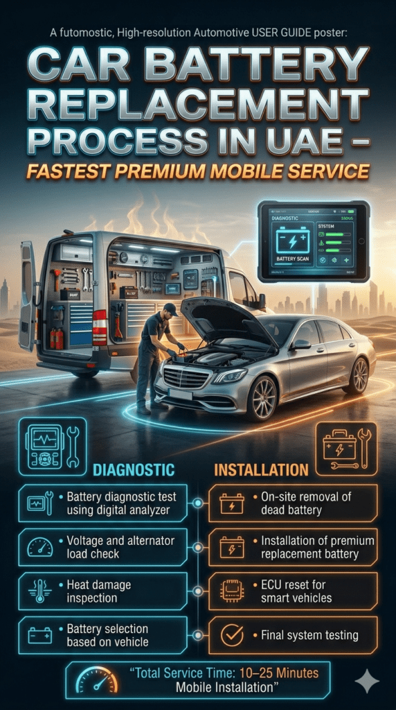 Automotive infographic showing car battery replacement process in UAE with step-by-step mobile service, diagnostics, installation, and testing.