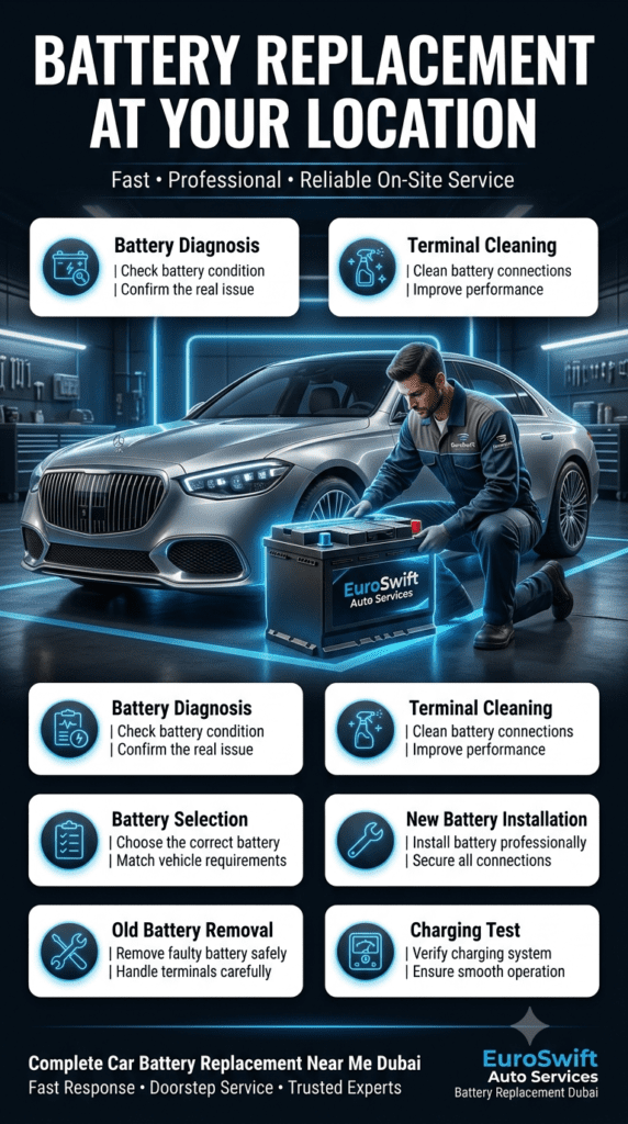 Battery Replacement at Location Dubai β Complete Step-by-Step Service Guide Battery replacement at location Dubai infographic showing car battery diagnosis, removal, installation, terminal cleaning, and charging test service.