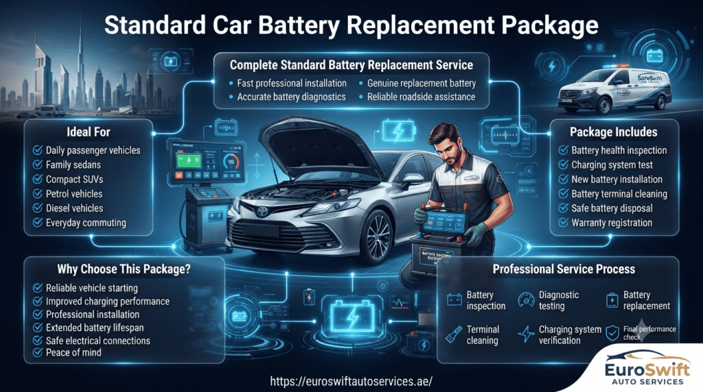 Battery Types Available in Dubai โ Choose the Right Car Battery Standard car battery replacement package infographic showing a technician installing a new battery, battery health inspection, charging system testing, terminal cleaning, warranty registration, and professional roadside service in Dubai.