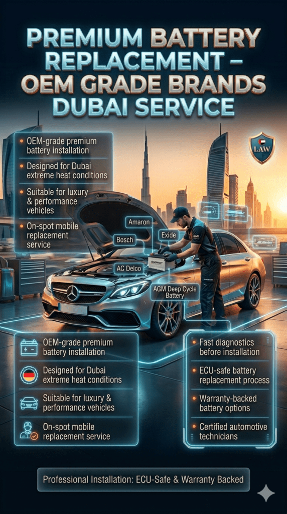 Premium car battery replacement service in Dubai showing a technician installing OEM-grade batteries including Amaron, Bosch, Exide, AC Delco, and AGM in a luxury vehicle with futuristic infographic branding.
