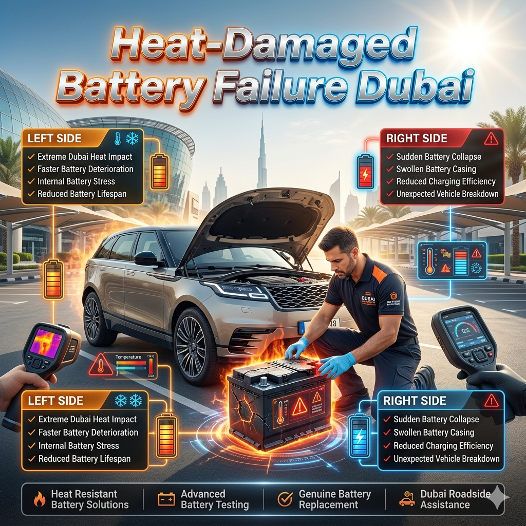 Professional technician inspecting a heat-damaged car battery in a Dubai summer environment with battery failure warning indicators.