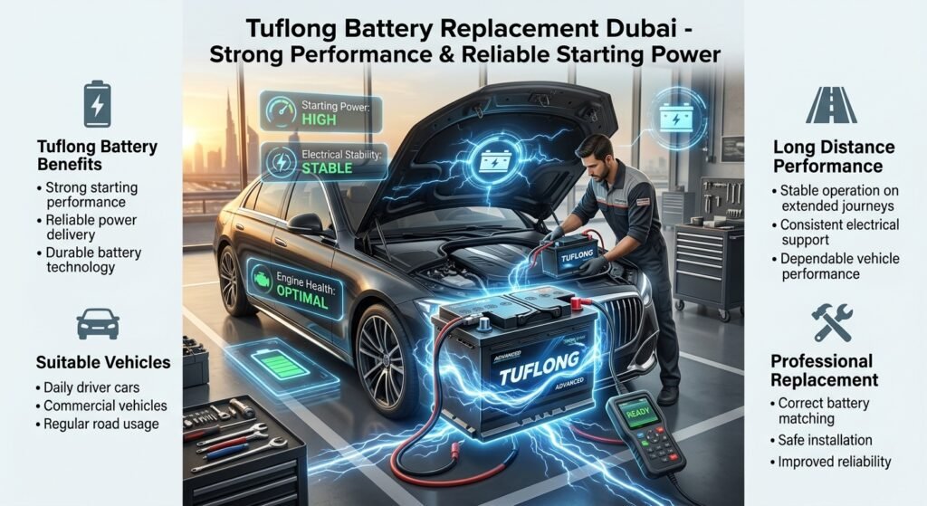 Tuflong battery replacement Dubai guide showing strong performance, reliable starting power, and professional battery installation service.