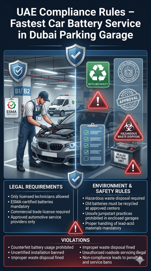 Legal compliance infographic showing UAE rules for car battery replacement in Dubai parking garages, including licensed technicians, ESMA certification, recycling, and safety regulations.