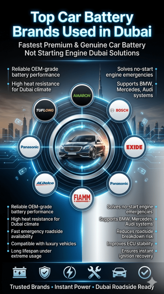 Infographic showing top car battery brands in Dubai including Amaron, Bosch, Exide, Panasonic, FIAMM, AC Delco, and Tuflong, highlighting their role in solving emergency car battery failure issues.