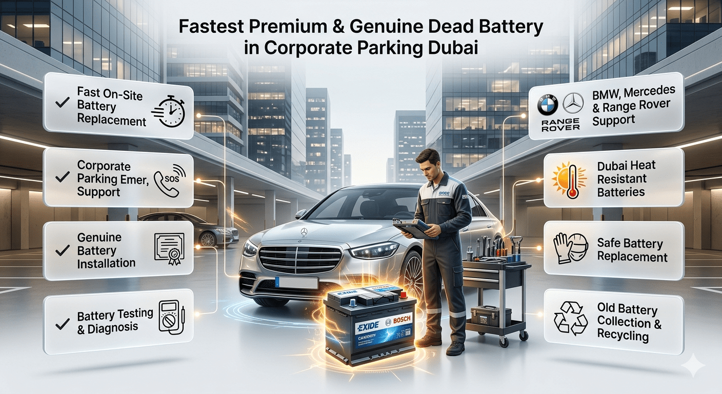 Fastest premium and genuine dead battery replacement service in corporate parking Dubai with luxury car, battery technician, and emergency vehicle support infographic