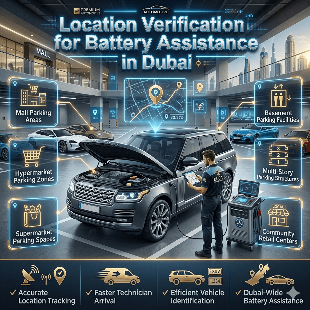 Professional battery technician verifying the location of a luxury SUV in a Dubai shopping center parking area using GPS-based roadside assistance technology.
