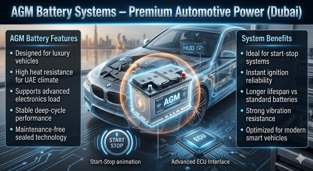 High-tech infographic showing AGM battery system designed for luxury vehicles with heat resistance and advanced electronics support in Dubai automotive environment.